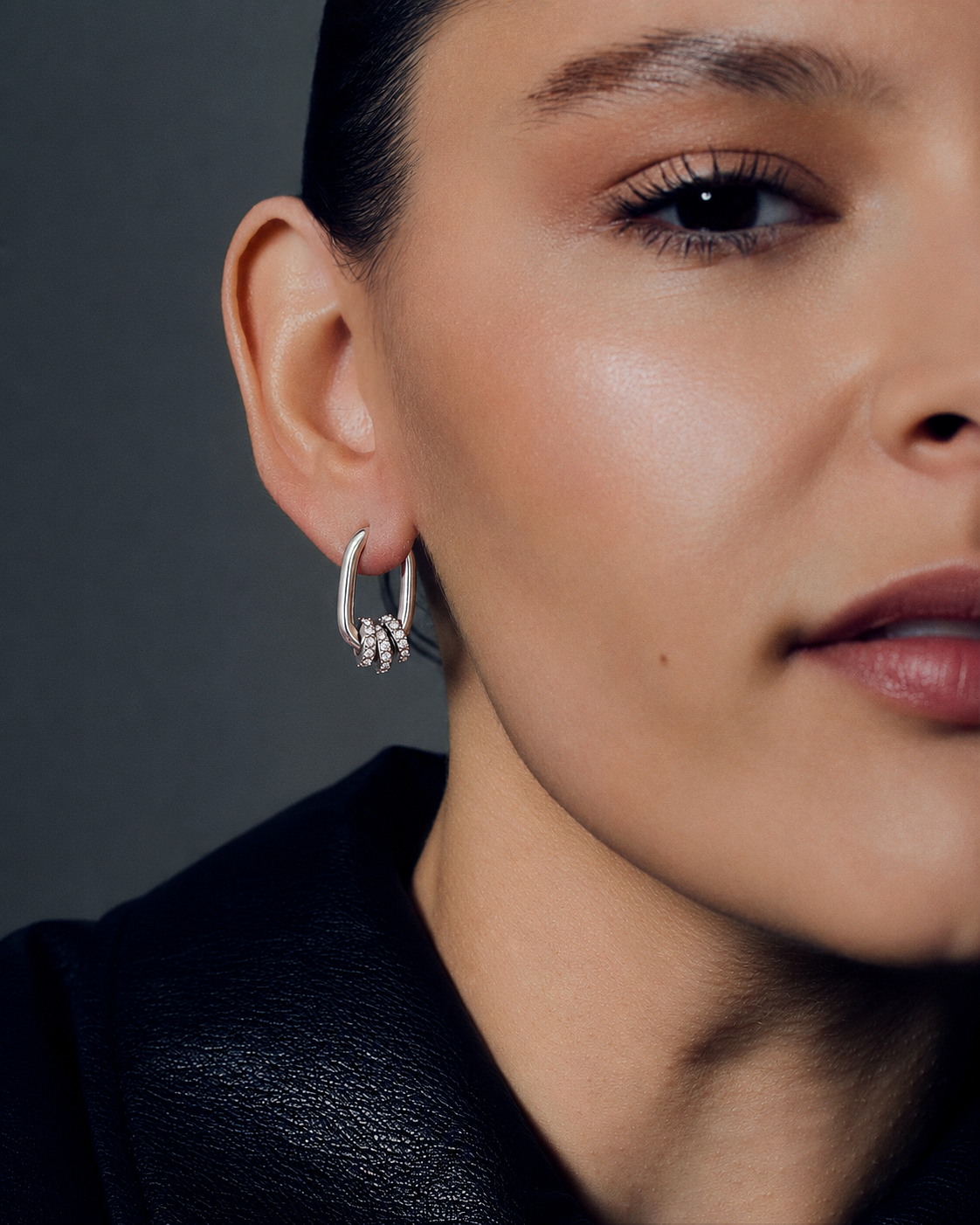 Square hoop earrings with crystal charms in gold and silver featuring polished geometric rectangular hoops, three pavé crystal ring accents and a modern statement jewelry design by RRule