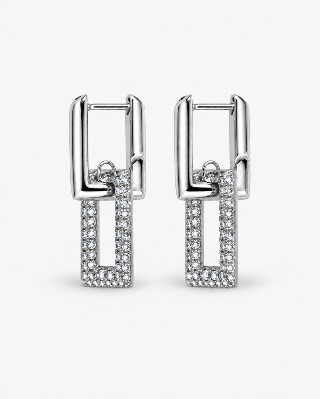Pavé rectangle drop earrings in gold and silver with crystal-set geometric rectangular drops, polished hoop detailing and modern statement design by RRule