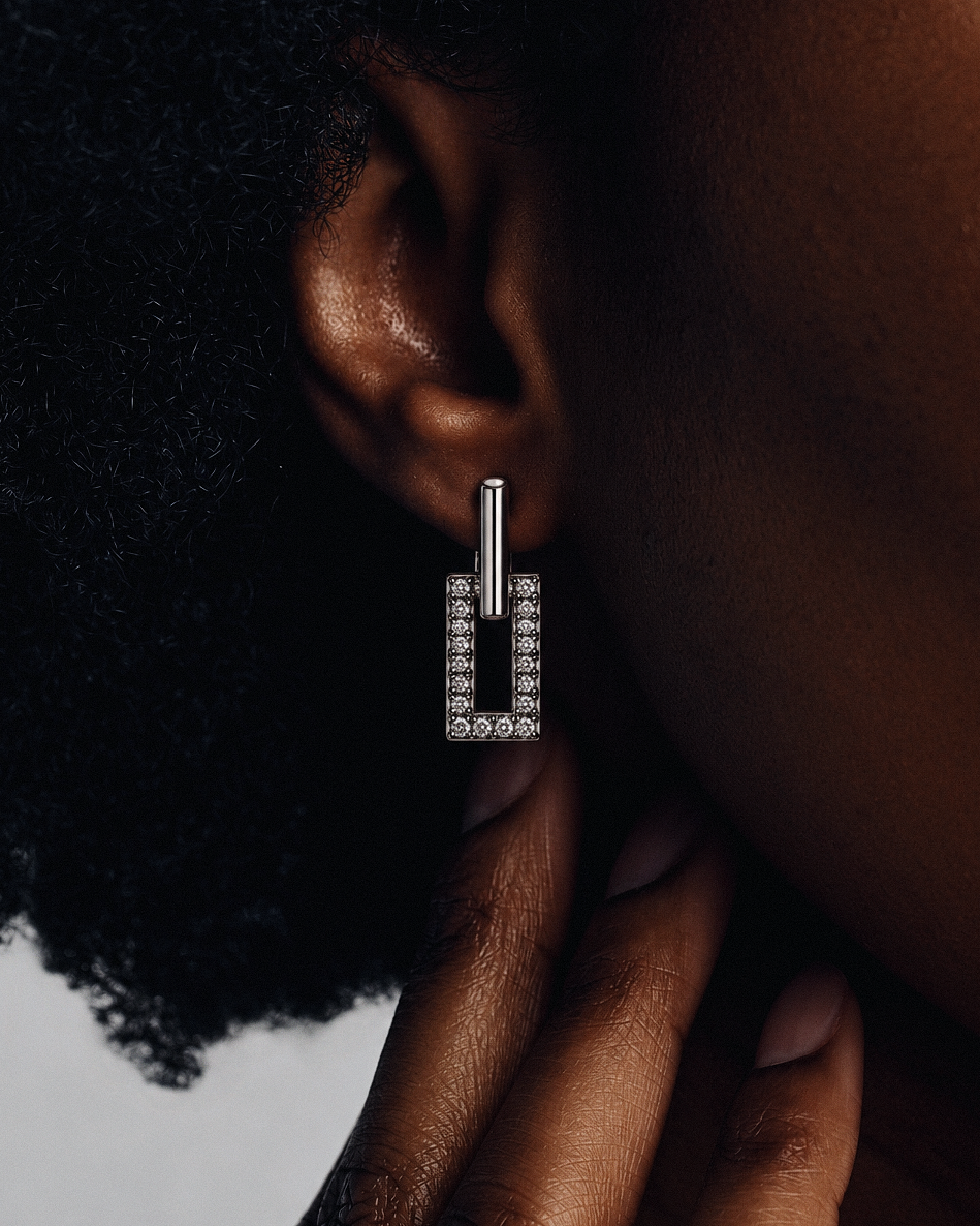 Pavé rectangle drop earrings in gold and silver with crystal-set geometric rectangular drops, polished hoop detailing and modern statement design by RRule