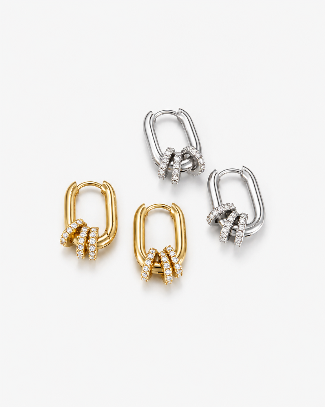 Square hoop earrings with crystal charms in gold and silver featuring polished geometric rectangular hoops, three pavé crystal ring accents and a modern statement jewelry design by RRule