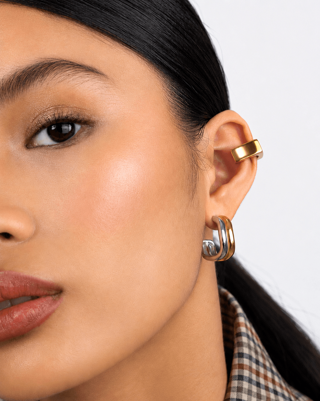 Minimalist square ear cuff in gold or silver finish, chunky geometric no piercing ear cuff for women, modern statement ear wrap, sleek contemporary ear jewelry, bold everyday ear cuff for stacked or solo styling