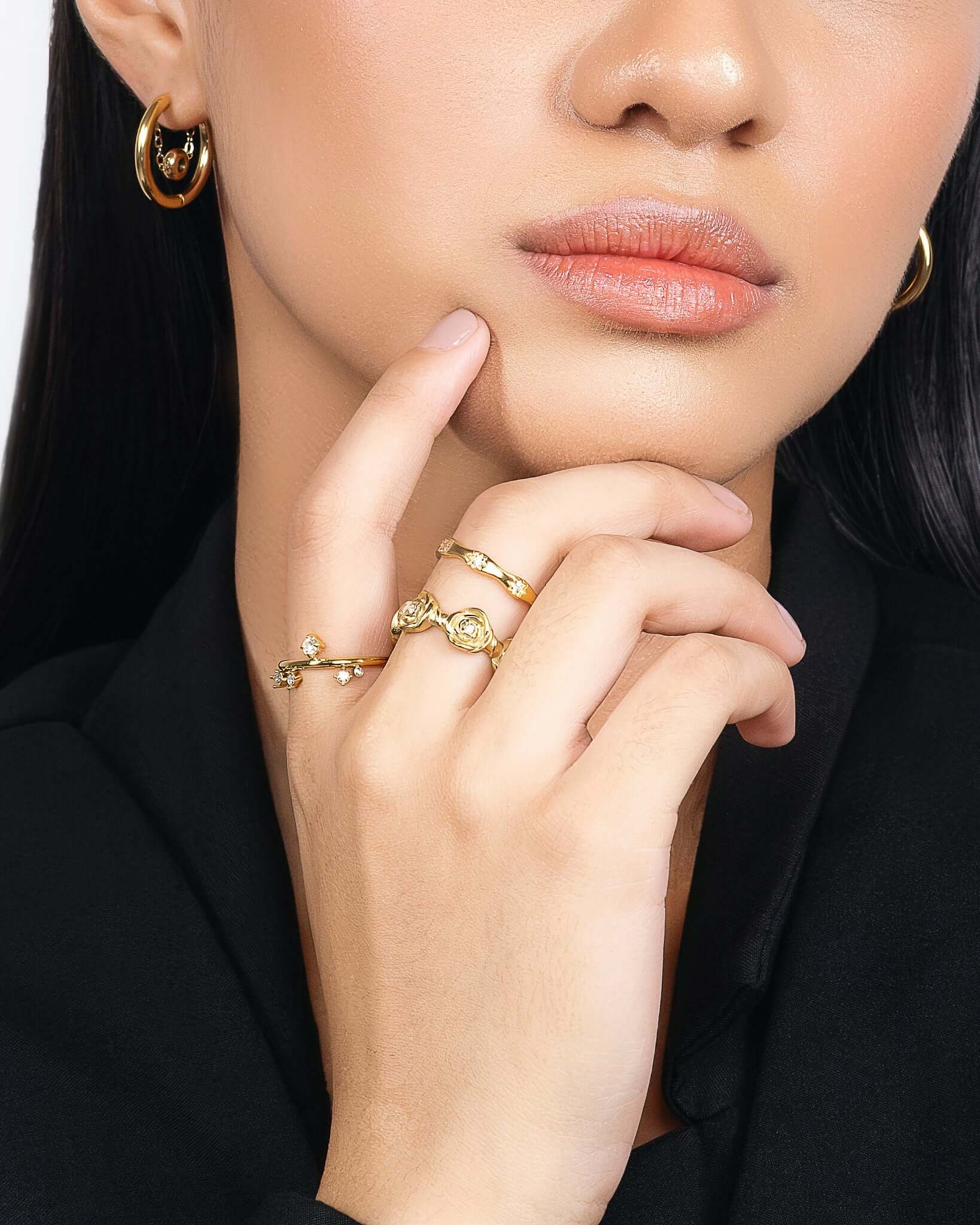 Stacked gold ring set with crystal stones, two matching 18K gold plated stainless steel rings featuring celestial starburst band and open crystal accent ring, minimalist stackable statement jewelry for women, elegant everyday fashion ring set