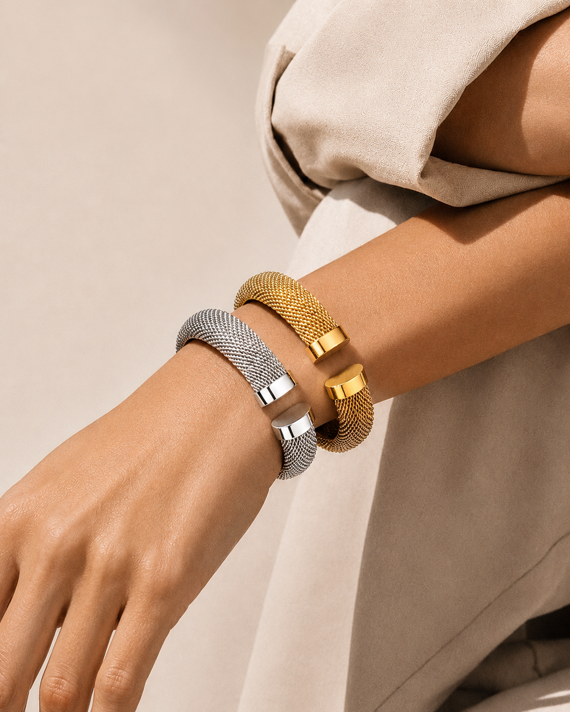 Mesh cuff bracelet in silver worn on wrist, modern woven open bangle and statement jewelry for women