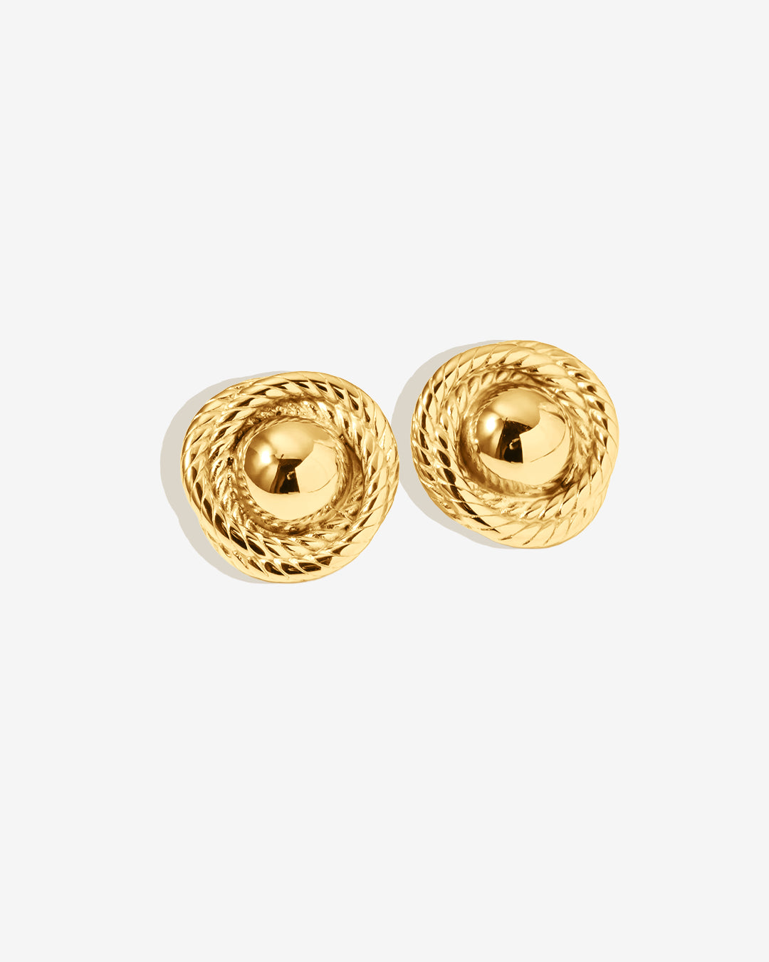 Gold rope dome stud earrings with textured twisted border and polished finish