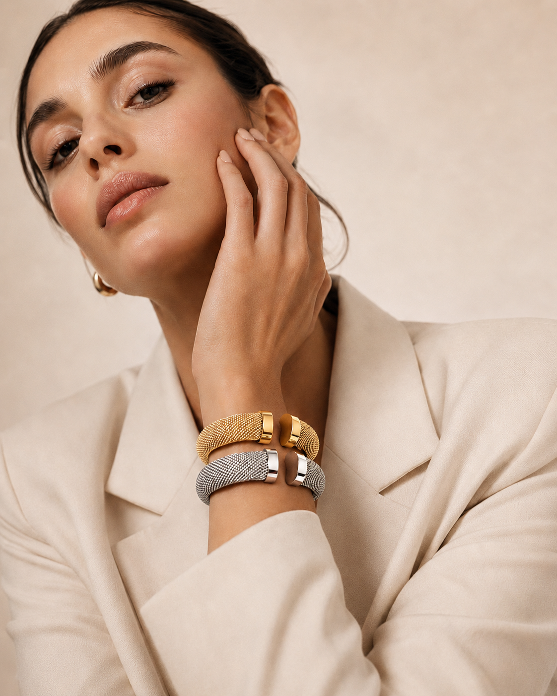 Mesh cuff bracelet gold and silver stacked together, contemporary chunky wrist jewelry and open cuff design