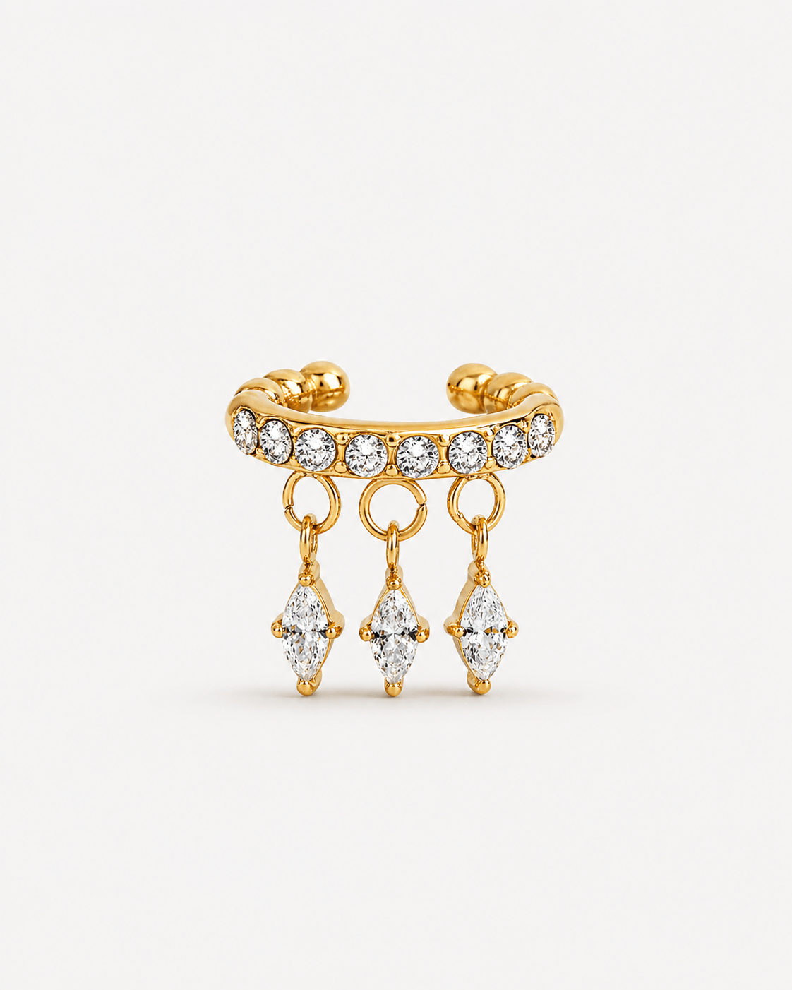 Gold CZ crystal ear cuff with dangling marquise crystal charms, elegant no piercing ear cuff for women, sparkling statement ear jewelry, trendy gold ear wrap, minimalist crystal cuff for everyday or party wear